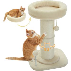 SteeFly® Kleine Katten Krabpaal - 60cm hoog - Met speeltje - Met ligmand - 2 in 1 ontwerp - Machine was(baar) - Beige ontwerp