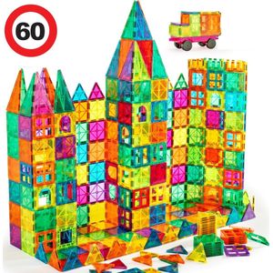 Playnetix Magnetisch speelgoed - 60 stuks GLOW – Magnetic tiles – Bouwspeelgoed - montessori – Magna – bouwstenen - Bouwblokken - Educatief - magnetische tegels – magneet speelgoed – Sinterklaas - Jongens & Meisjes - 3 jaar t/m 12 jaar