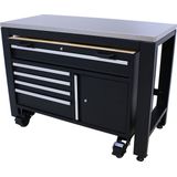 Kraftmeister werkbank 136 cm - Werktafel met 5 lades, 1 opbergkast en RVS werkblad - Mobiele werkbank - Zwart