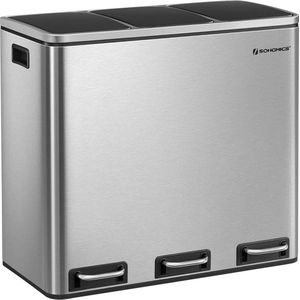 FurnStar Keuken Vuilnisbak - 3 x 18L Recyclingbak - Vuilnisbak met 3 compartimenten voor recycling - Afval- Voedselresten - Soft-Close Deksels- Pedalen-Binnenemmers- Staal - Zilver