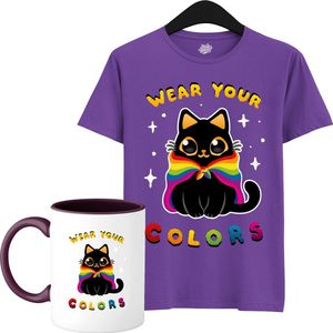 Schattige Pride Vlag Kat - Unisex T-Shirt Mannen en Vrouwen - LGBTQ+ Suporter Kleding - Gay Progress Pride Shirt - Rainbow Community - T-Shirt met mok - Unisex - Donker Paars - Maat M