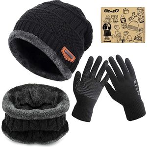 Geweo Hoed Colsjaal Handschoenen Set - Mutsen - Sjaal - Handschoenen - Gebreide Baggy Warme Skimutsen - Wintermuts Gevoerd Wol - Unisex - Kerst Geschenk - Zwart - Kerstmis - Kerstfeest - Christmas Gift