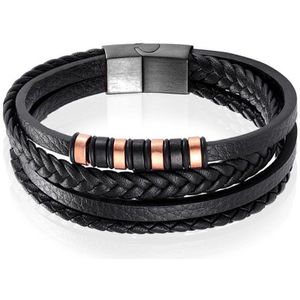 Leren heren armband Multi Mendes Edelstaal Zwart Rose - 21cm