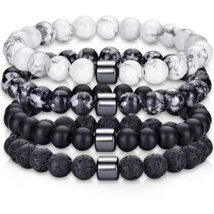Nalussa's Natuursteen Armbanden - Kralen Armbandjes set van 4 - Natuursteen Multi Armband - Zwart, Wit, Grijs - Armband Heren - Sieraden - Cadeau