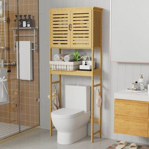 Amalee - Kast boven het toilet - Hoge badkamer organizer - Verstelbare planken - Hout - Ruimte besparend - 65 cm B 26 cm D 174 cm H -