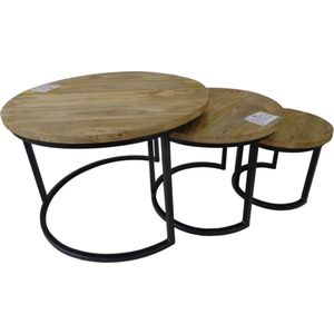 MBC-Living -Salontafel Mango - set van drie - in- uitschuifbaar 70cm tot 130cm - zwart metaal - mango hout