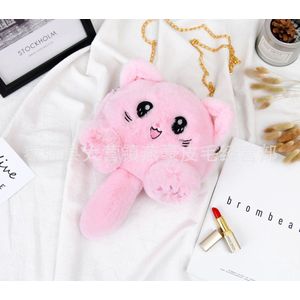 Vdtoys ® schoudertas in imitatie konijnenbont vrouwen en meisjes dier Kat kleur volroze