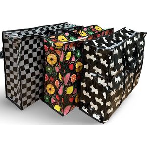 Opbergtas | 3 stuks - Big shopper | Reistas extra groot en sterk| 70x54x23 cm | Grote boodschappentas | Zak kleurrijk assorti | Mega tas | Wastas | Boodschappentas met rits