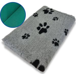 Vetbed Grijs met Pootjes - Hondenmat - Met Groene Rug - 100 x 75 cm - Antislip - Benchmat - Puppykleed - Hondenbed - Machine Wasbaar