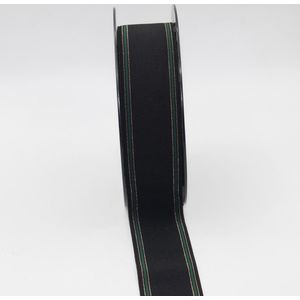 5 Meter TAILLEBAND ELASTIEK Met GROSGRAIN/RIBSBAND Structuur, Breedte 40MM, Kleur ZWART/GOUD/GROEN