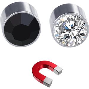 Fako Bijoux® - Oorbellen - Magneet - RVS - 6mm - Kristal - Zwart/Wit