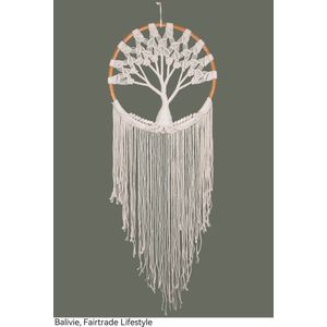 Balivie - Wandkleed - Macramé - Tree of Life - Hand geknoopt katoen binnen een frame van Rotan in cirkel vorm - Wit - ø 50 cm, D 2.5 cm L 158