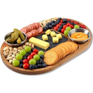 NORDIVAR® - Acaciahouten Serveerplank met Leisteen & RVS Dip-schalen, 36x24cm -