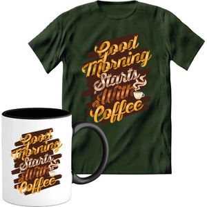 T-Shirtknaller T-Shirt met Koffiemok | Good Morning Coffee - Koffie Kleding | Heren / Dames Shirt met Mok Cadeau | Kleur groen | Maat XL