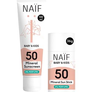 Naïf - Minerale Zonnebrand crème & Minerale Zonnebrand Stick Voordeelset - Baby's & Kinderen - 0% parfum - SPF50 - 100ml + 36gr