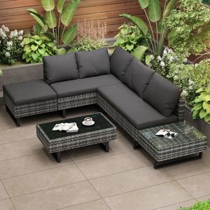 Sweiko Vine sofa set, tuin set sofa lounge, tuin lounge voor 4-5 mensen, lounge met hoekbank, tafel, mat, afneembare en wasbare stof cover, Grijs