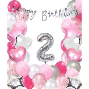 Snoes Ballonnen 2 Jaar Pink Blush Silver Mega Ballon - Compleet Feestpakket 2 Jaar - Verjaardag Versiering Slinger Happy Birthday – Folieballon – Latex Ballonnen - Helium Ballonnen - Zilver en Roze Verjaardag Decoratie
