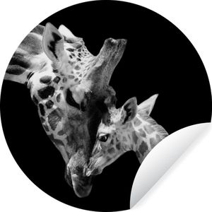 Behangcirkel - Wilde dieren - Giraffe - Familie - Zwart - Wit - Zelfklevend behang - 80x80 cm - Behangcirkel kinderkamer - Behangcirkel dieren - Behangsticker