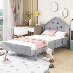 Sweiko Kinderbed, 90*200 cm, Eenpersoons massief houten bed, sterrenmaan patroon, huisstijl ontwerp, Grijs