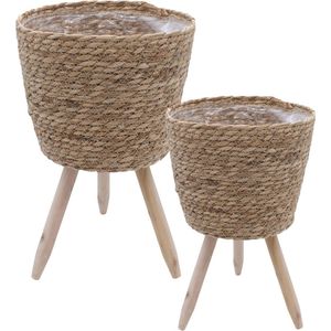 Decoratieve Bloemenstandaard Set van 2 - Rotan Plantenstandaard met Houten Poten en Binnenfolie voor Kamerplanten - Ø 26 en 20 cm