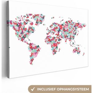 Canvas Wereldkaart - 180x120 - Wanddecoratie Wereldkaart - Kleuren - Vlinders - Kinderen - Jongens - Meisjes