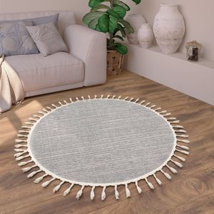 Paco Home Vloerkleed Woonkamer Laagpolig Boho Berber Scandinavisch Rhombus 3D Franjes 160 cm Rund