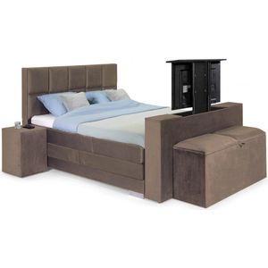 Sweet Sleep Elektrische Boxspring compleet - 160x200 - Incl. 2 Hockers, TV-Lift, Bedbank met opbergruimte & 8-Vlaks Hoofdbord – Monolith Taupe