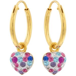 Oorbellen meisje | Zilveren kinderoorbellen | Gold plated oorringen met hanger, hart met kristallen