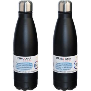 2x stuks rvs thermosflessen / isoleerflessen zwart 0.75 L - Thermoflessen