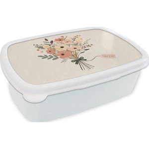 Broodtrommel Wit - Lunchbox Bloemen - Quote - Beige - Lint - Brooddoos 18x12x6 cm - Brood lunch box - Broodtrommels voor kinderen en volwassenen