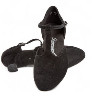 Dames Dansschoenen - Brede Pasvorm - Comfortabele Spaanse Hak - Diamant 053 - 014 - 001 - Dames met bredere voet - Tstrap - Flexibele suede zolen - Extra ondersteuning - Latin, Ballroom, Tango - Diamant - Zwart - 35.5