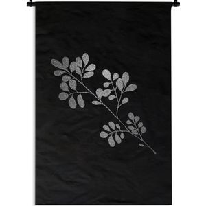 Wandkleed - Wanddoek - Tak met ovalen bladeren op een zwarte achtergrond - zwart wit - 90x135 cm - Wandtapijt