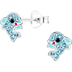 Joy|S - Zilveren dolfijn oorbellen - 6 x 8 mm - blauw met blauw kristal - kinderoorbellen