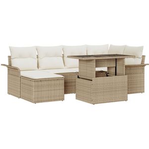 vidaXL - 7-delige - Tuin - Sofa - Set - met - Kussens - Beige - Poly - Rattan