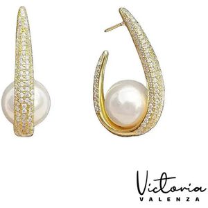 Victoria Valenza Perla Luxe Oorbellen Dames Messing Oorringen Witte Steen Oorbellen - Goud kleurig - 1 Paar