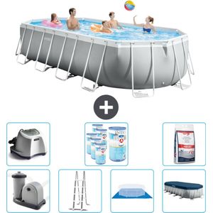 Intex Ovaal Prism Frame Zwembad - 610 x 305 x 122 cm - Grijs - Inclusief Pomp - Ladder - Grondzeil - Afdekzeil Zoutwatersysteem - Filters - Zwembadzout