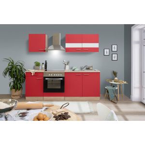 Goedkope keuken 210  cm - complete keuken met apparatuur Merle  - Eiken/Rood - soft close - elektrische kookplaat  - afzuigkap - oven  - spoelbak