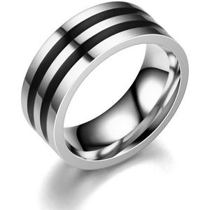 Ring Heren Zilver kleurig - Staal - Dubbele Black Belt - Ringen - Cadeau voor Man - Mannen Cadeautjes Accesoires