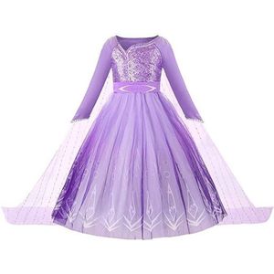 Prinses - Paarse Elsa jurk - Lange mouw - Frozen - Prinsessenjurk - Verkleedkleding - Maat 134/140 (8/9 jaar)