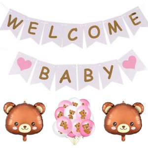 15-delige set Welcome Baby Girl met slingers en beren ballonnen - babyshower - genderreveal - geboorte - beer - bear - slinger - ballon