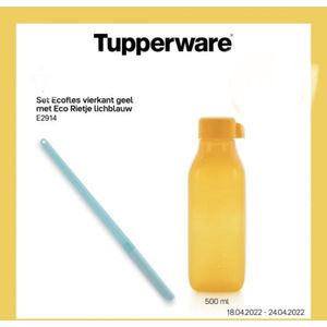 Tupperware vierkante ecofles geel met eco rietje