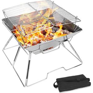 Vuurkorf Opvouwbare Hout- en Houtskoolgrill - Campingtuinterras 304 Roestvrijstalen Grill - Draagbare Barbecue Duurzame Campinggrill met Draagtas