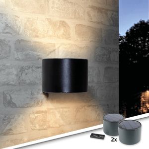 Solar wandlamp up down light 'Emme' - Voordeelset van 2 stuks - Ronde afwerking - Tuinverlichting geschikt voor de schutting - Zwart