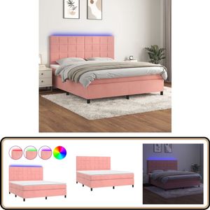 vidaXL Boxspring met LED - 160x200 cm - Roze Boxspring - Fluweel Bed - Led Bed - Pocketed Spring Mattress - Slaapcomfort