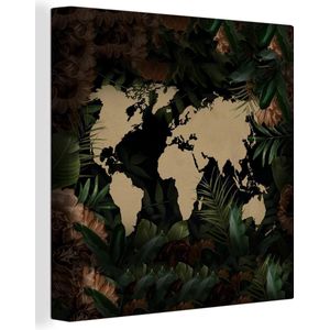 Canvas Wereldkaart - 20x20 - Wanddecoratie Wereldkaart - Planten - Bloemen