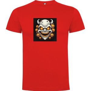 Rood T-Shirt met “ Kleurrijke Halloween Spooky Face “ Print Full Color Maat L