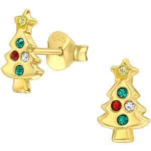 Joy|S - Zilveren kerstboom oorbellen - 6 x 10 mm - gold plated met kristalletjes - kerst oorknoppen - kinderoorbellen - goudkleur