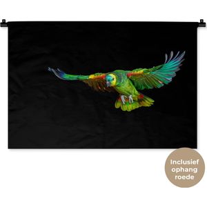 Wandkleed Dieren op een zwarte achtergrond - Vliegende papegaai op een zwarte achtergrond Wandkleed katoen 90x60 cm - Wandtapijt met foto