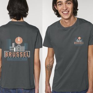 T Shirt Heren en Dames - Brussel Logo Print - Grijs - Maat XXL