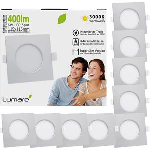 Lumare 9x LED inbouwspot 6W IP44 extra plat 230V ook voor badkamer en natte ruimte zilver slechts 26mm inbouwdiepte Slanke plafondspot vierkant met geïntegreerde 400lm LED verlichting [Energieklasse F].